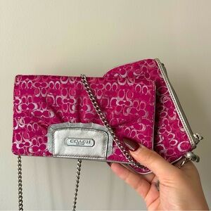Coach Pink and Silver Holiday Collection Bag And Wristlet
